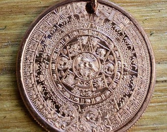 Copper Aztec Calendar Necklace - Copper Coin Necklace - Copper Aztec Pendant - Mexican Necklace- Aztec Sun Stone - Sun Stone Jewelry