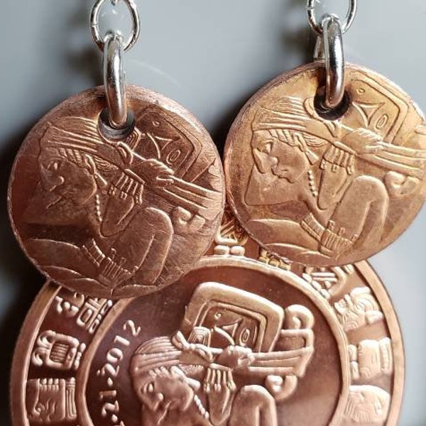 Copper Mayan Calendar Earrings - Copper Coin Earrings - Dangle Earrings - Mexican Earrings - Mesoamerican Earrings - Ancient Calendar Art