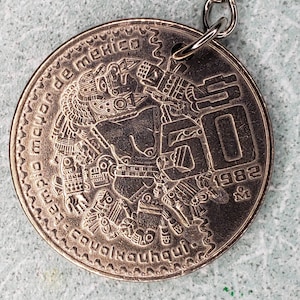 50 Peso Keychain - Coin Keychain - Coyolxauhqui - Aztec Moon God - Mexico Coat of Arms - Mexican Culture - Chicano Culture - Latino Culture image 1