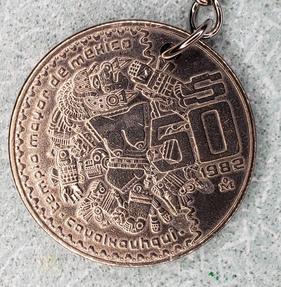 50 Peso Keychain - Coin Keychain - Coyolxauhqui - Aztec Moon God - Mexico Coat of Arms - Mexican Culture - Chicano Culture - Latino Culture