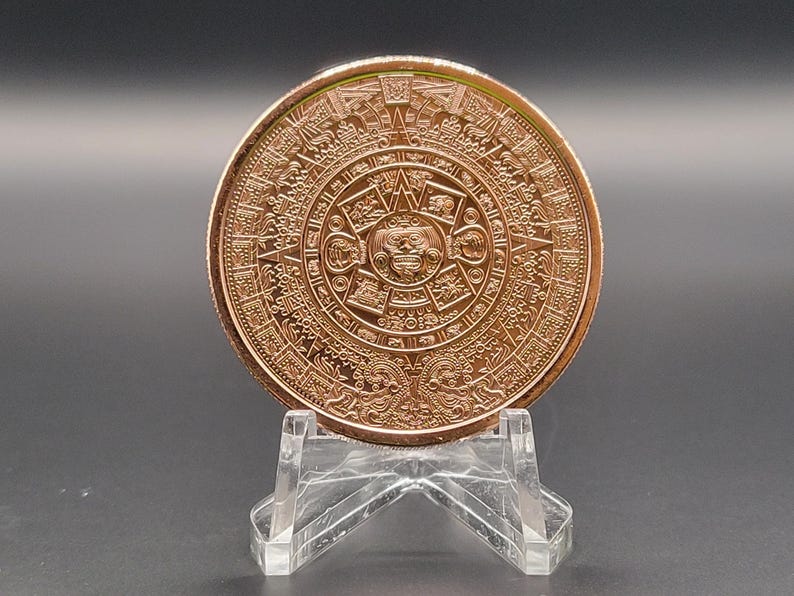 Koperen Azteekse kalender rond - koperen munt - muntringbenodigdheden - koperkunst - Latijns-Amerika - Mexico - latinocultuur afbeelding 2