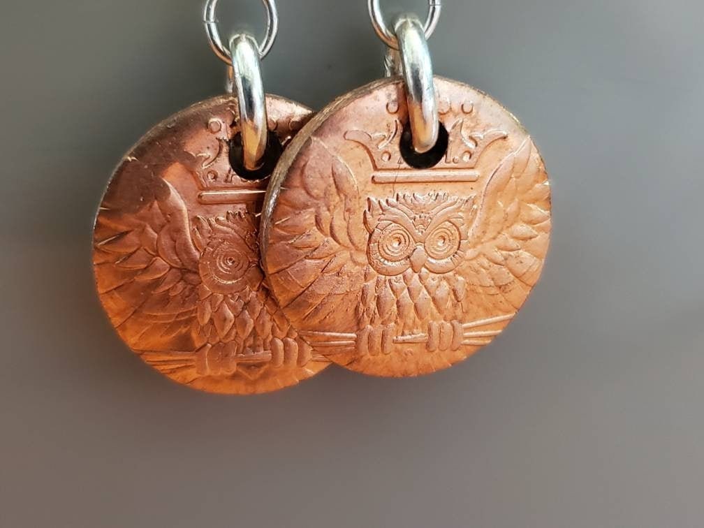 Copper Owl Earrings - Copper Coin Earrings - Copper Drop Earrings - Wise Owl Earrings - Copper Owl J