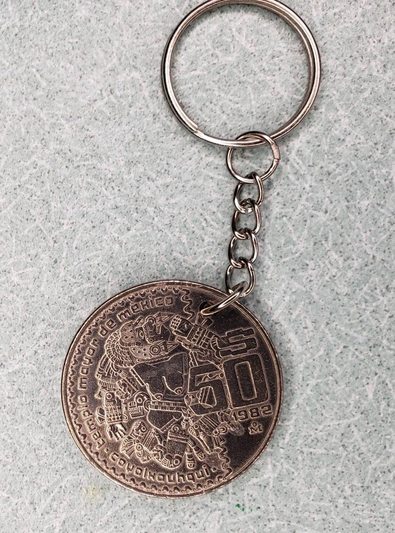 50 Peso Keychain - Coin Keychain - Coyolxauhqui - Aztec Moon God - Mexico Coat of Arms - Mexican Culture - Chicano Culture - Latino Culture image 2