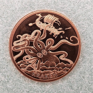 Copper Kraken Round - Copper Coin - Coin Ring Supplies - Copper Art - Viking Culture - Cryptid - Mythical Creature - Sea Monster - Explorers