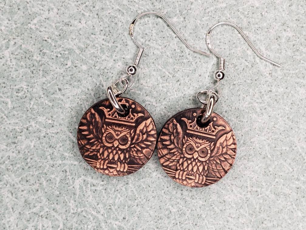 Antiqued Copper Owl Earrings - Copper Coin Earrings - Copper Drop Earrings - Wise Owl Earrings - Cop