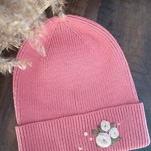 Hand embroidered beanie, winter hat, flowers