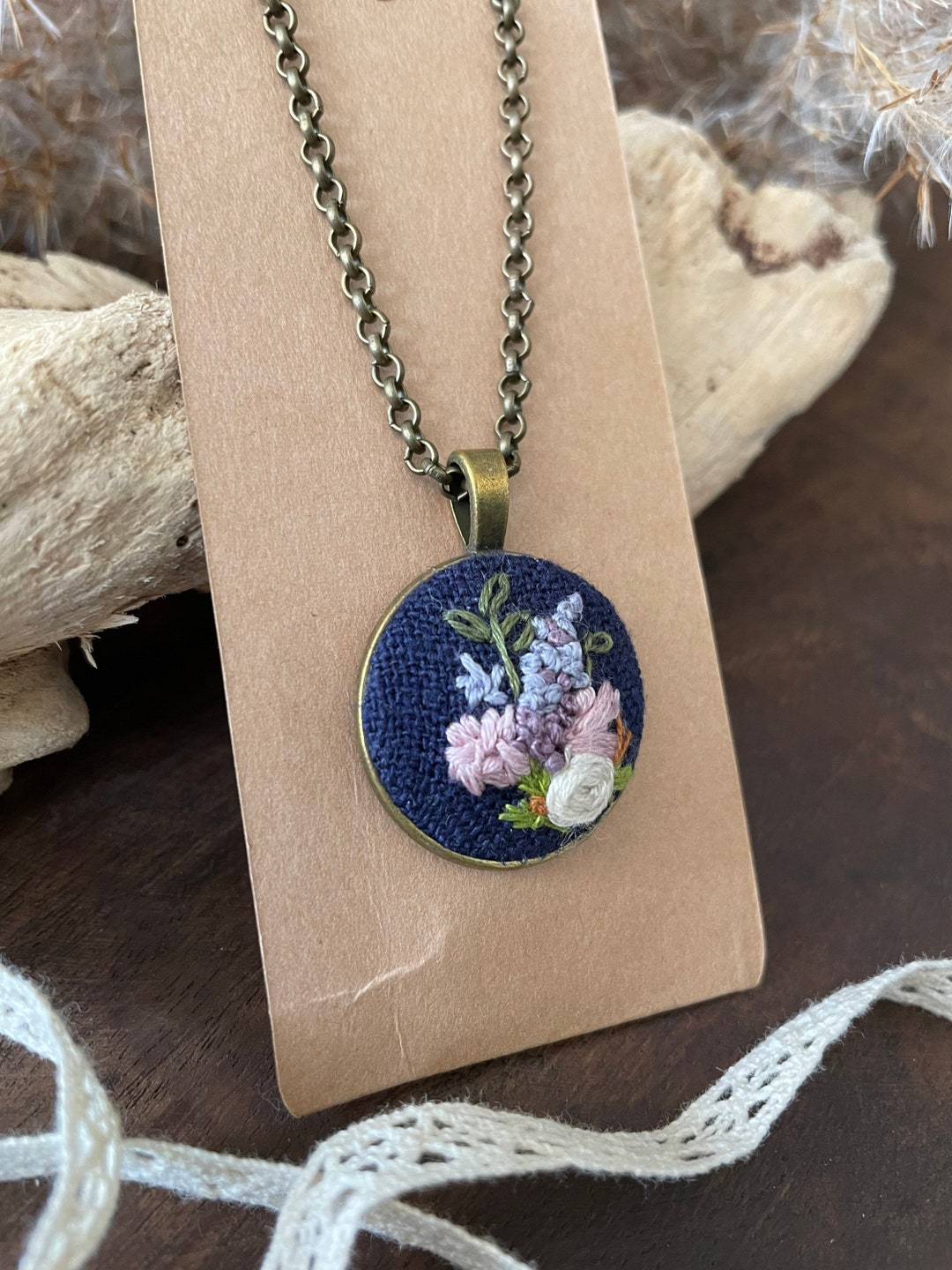 Handmade Floral Embroidery Pendant Necklace: Fiber Art Jewelry