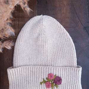 Hand embroidered beanie, winter hat, flowers