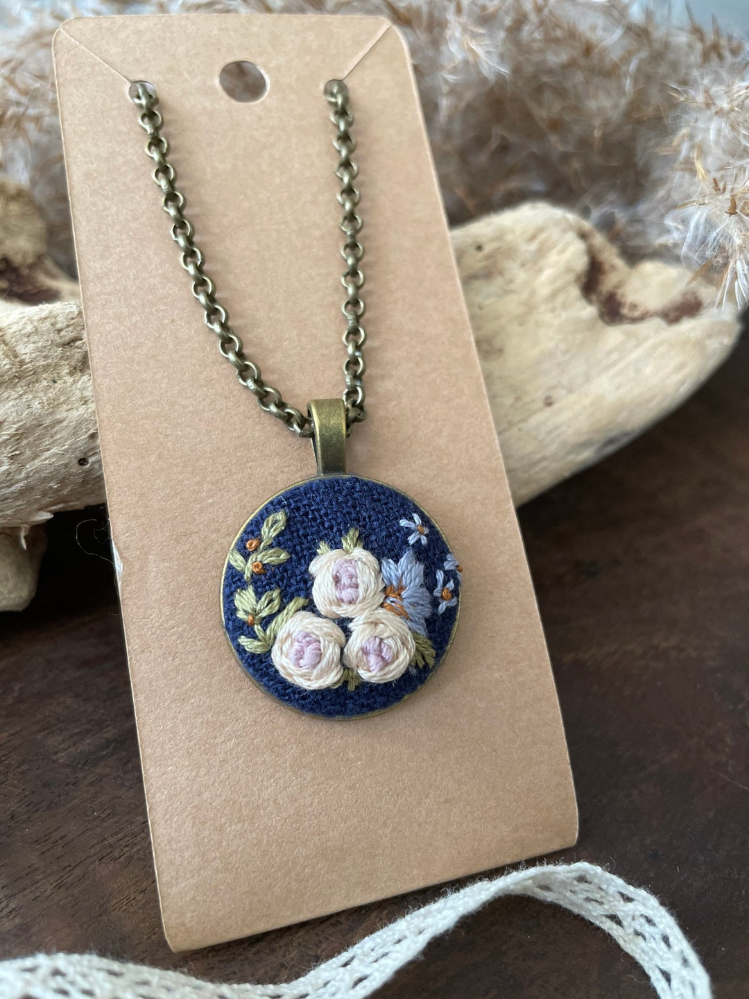 Hand Embroidered Floral Pendant Necklace: Fiber Art Jewelry  display picture 3