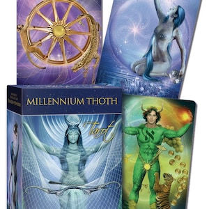 May include: A deck of Millennium Thoth Tarot cards. The box and cards feature fantasy art with celestial and mythological themes. The cards depict figures, symbols, and scenes in vibrant colors, including a wheel, a woman with blue hair, and a green figure.