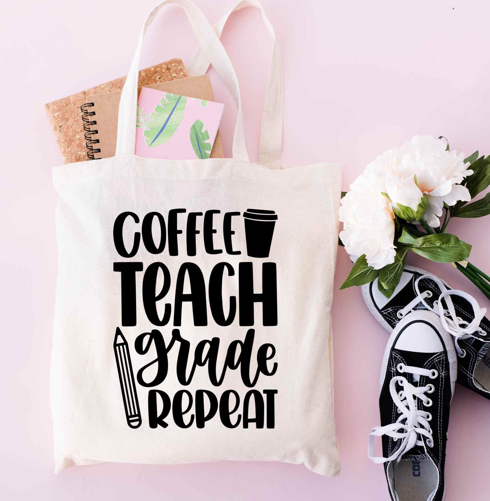 Coffee Teach Grade Repeat Teacher's 100% Cotton Tote Bags, Teachers Bags,  Teacher Appreciation Gift, Gift For Teachers