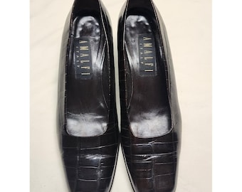 Amalfi Italy Crocodile Embossed Leather Square Toe Pumps Brown 8B Vintage Corp