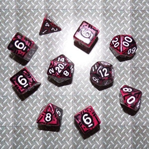 May include: A collection of multi-sided dice in various shapes, including a tetrahedron, cube, and icosahedron. The dice are primarily black with red accents and white numbering. The dice are arranged on a textured, metallic surface.