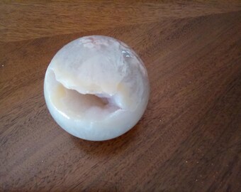 70mm Hand Carved Flower Agate Sphere with veins of Golden Healer & Druzy Caves