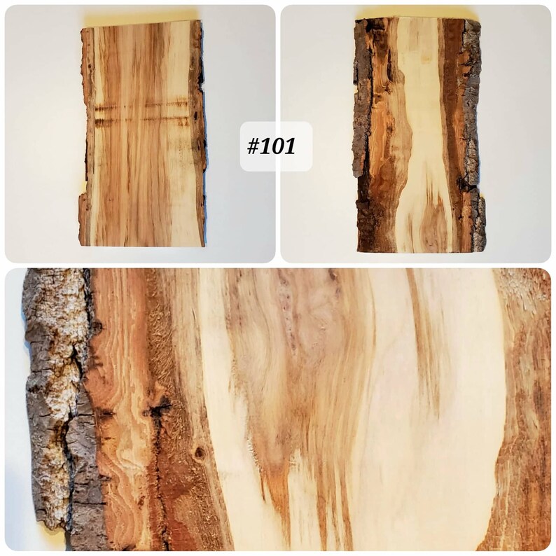 Puede incluir: Primer plano de una pieza de madera con un borde natural y corteza. La madera tiene un color marr&oacute;n claro con vetas marrones m&aacute;s oscuras. La madera es #101.