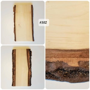 Puede incluir: Un primer plano de una rebanada de madera marr&oacute;n claro con un borde de corteza natural. La rebanada de madera es lisa y tiene un patr&oacute;n de veta claro. La rebanada de madera est&aacute; etiquetada con el n&uacute;mero #102.