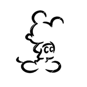 Könnte beinhalten: Schwarz-weiß-Linienkunst-Illustration von Mickey Mouse in einem einfachen Cartoon-Stil.