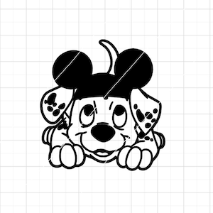 Puede incluir: Ilustración de dibujos animados en blanco y negro de un cachorro dálmata con orejas de Mickey Mouse. El cachorro está acostado con la cabeza inclinada hacia un lado y los ojos cerrados.