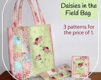 Daisies in the Field 3-piece Bag, Notebook and Glasses Case Pattern - patchwork & applique (Digital Download)