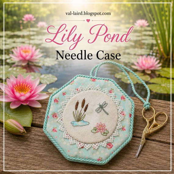 Lily Pond octagon embroidered Needle Case Pattern with scissor pocket (Digital Download)