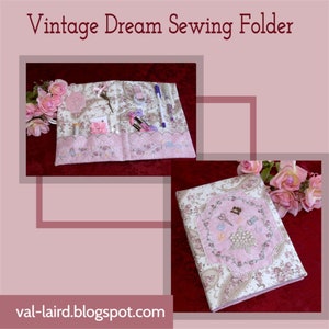 May include: A vintage sewing folder with a floral design and a pink and white color scheme. The folder is open to reveal a variety of sewing supplies, including needles, thread, and scissors. The folder is closed in the second image, showing a pink and white floral design with a paisley pattern.