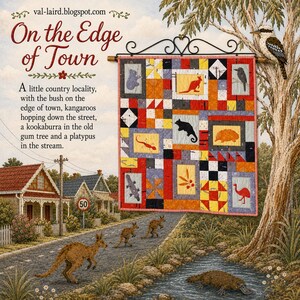 May include: A rectangular wall quilt featuring a patchwork design with various Australian animal silhouettes including a kangaroo, platypus, and kookaburra. The quilt is displayed on a decorative black metal hanger against a scenic background.
