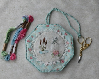 Lily Pond octagon embroidered Needle Case Pattern with scissor pocket (Digital Download)