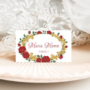Plantilla editable de tarjeta de lugar de La Bella y la Bestia, tarjetas de lugar personalizadas DIY, Rosa encantada, Cuento de hadas, Victoriano, Decorado, Canva