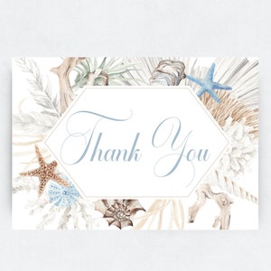 Beach Thank You Card Template, Thank You Note,  Digital Card, Boho, Under the Sea, Summer, Watercolor Seashells, Ocean Themed Printable