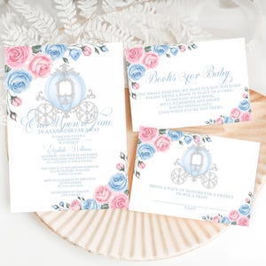 Cinderella Baby Shower Invitation Suite, Editable Template, Books for Baby Card, Diaper Raffle Card, Royal Baby Shower, Canva Template