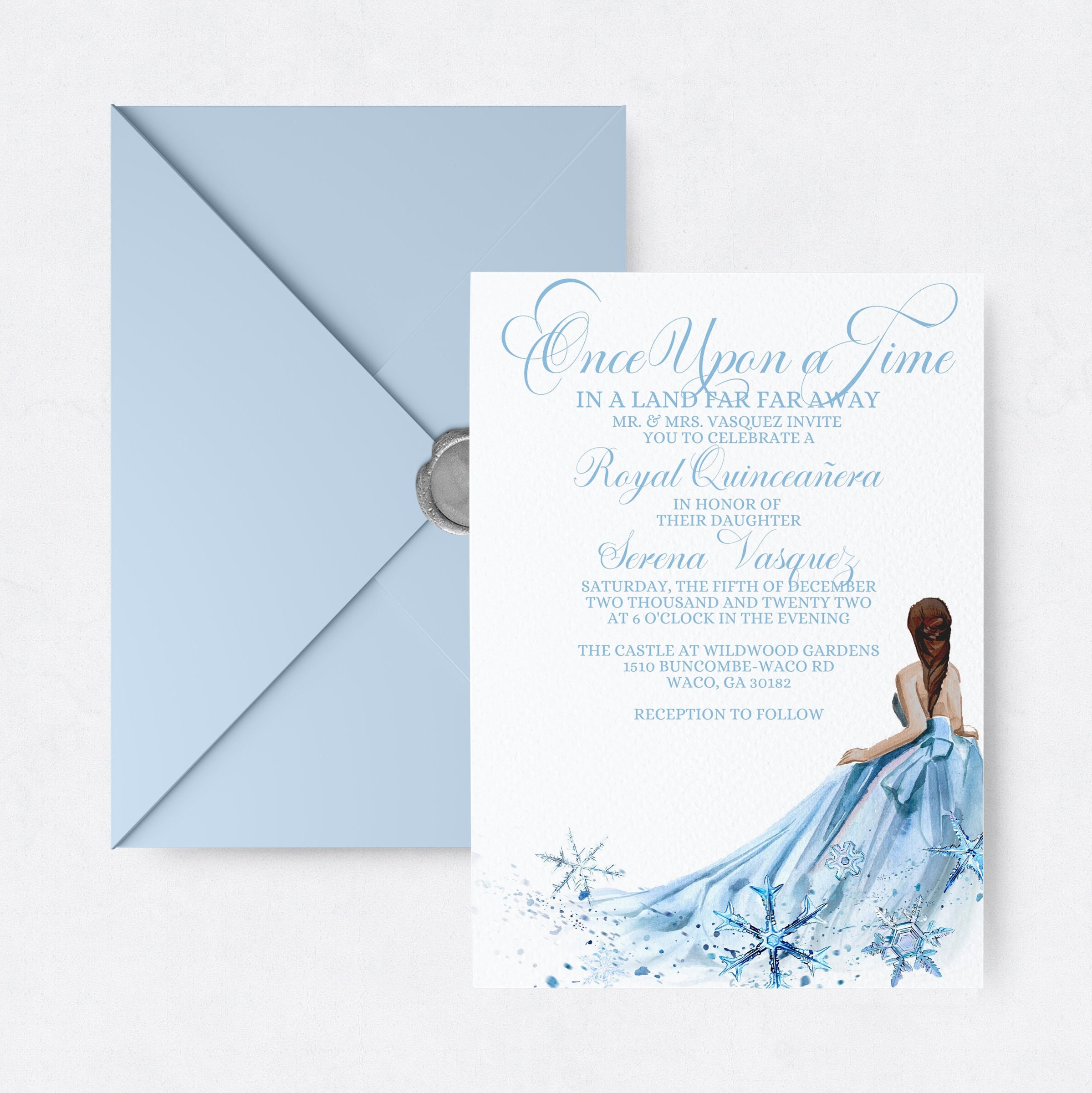 Cinderella Quinceanera Invitation Printable Watercolor Dress Fairytale Snowflakes Royal Quince Invite Brunette Etsy