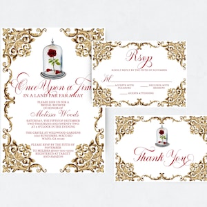 Beauty and the Beast Bridal Shower Invitation Suite Template, Royal Fairytale, Thank You Card, RSVP Card, Enchanted Rose