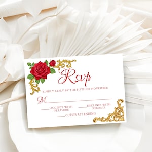 Tarjeta RSVP imprimible de La Bella y la Bestia, plantilla de Canva, RSVP en acuarela, boda de cuento de hadas real, ornamentación barroca, caligrafía