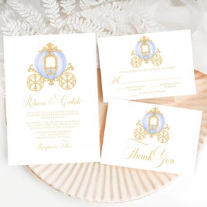 Suite de faire-part de mariage en calèche, modèle sur toile, carte de remerciement, carte RSVP, conte de fées royal, princesse aquarelle, régence victorienne