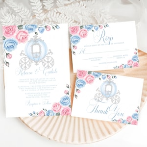 Modèle de suite de faire-part de mariage Cendrillon, calèche aquarelle, carte de remerciement, carte RSVP, conte de fées royal, modèle sur toile