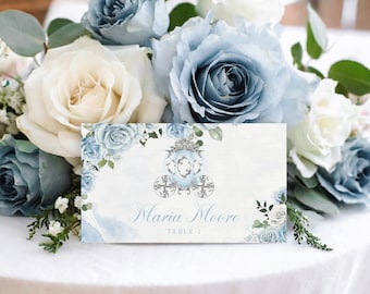 Cinderella Carriage Place Card Editable Template, Personalized DIY Place Cards, Watercolor Rose, Fairytale
