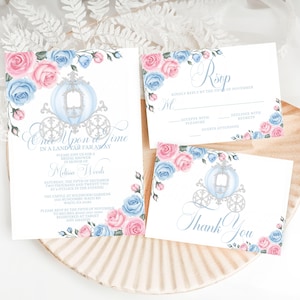 Modèle de suite d'invitations pour la douche nuptiale Cendrillon, calèche aquarelle, carte de remerciement, carte RSVP, conte de fées royal, modèle toile