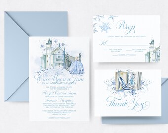 Quinceanera Cinderella Invitation Suite Template, Thank You Card, RSVP Card, Instant Download, Royal Quince, Watercolor Snowflakes
