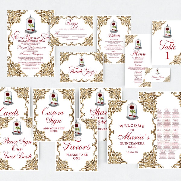 Quinceanera Beauty and the Beast Invitation Bundle, Suite Template, Thank You, RSVP Card, Royal Quince, Welcome Sign, Seating Chart, Menu