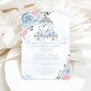 Cinderella Bridal Shower Invitation Printable, Princess Carriage Invitation Template, Watercolor Rose, Royal Fairytale