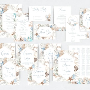 May include: A set of printable wedding stationery featuring a beach theme with watercolor illustrations of seashells, starfish, and palm leaves. The cards include a save the date, invitation, RSVP, details, menu, table number, welcome sign, seating chart, cards and favors signs, and a custom sign.