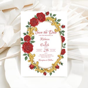 Die Schöne und das Biest, Save the Date Karte, Canva Template, Verzauberte Rose, Königliches Märchen, Canva, Baroque Ornate, Happily Ever After