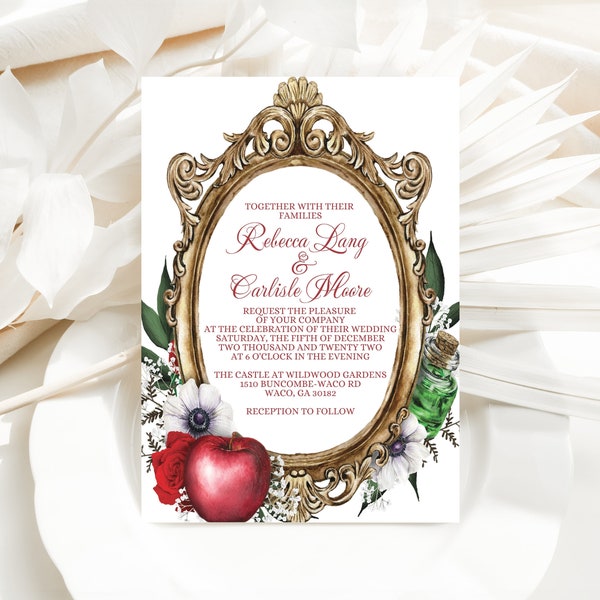 Snow White Wedding Invitation Template, Watercolor Invite, Mirror Invitation Printable, Royal Fairytale