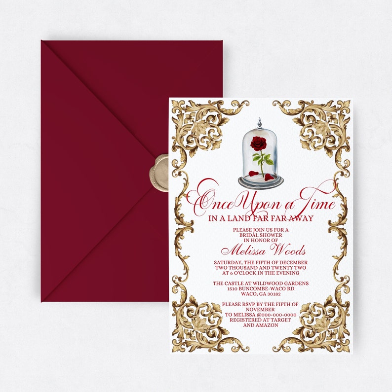 Beauty and the Beast Bridal Shower Invitation Template Royal Fairytale Enchanted Watercolor Rose