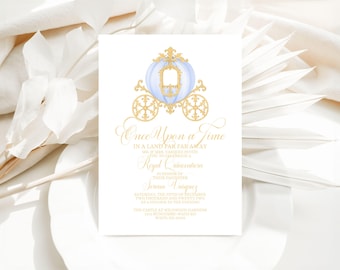 Plantilla de invitación de quinceañera de Cenicienta, invitación de quinceañera, cuento de hadas real, carruaje de princesa, acuarela