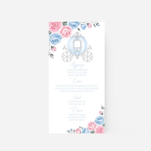 Modèle de menu de mariage Cendrillon, menu aquarelle, décoration de table rose, conte de fées royal, carrosse de princesse, impression sur toile