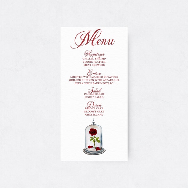 Beauty and the Beast Wedding Menu, Enchanted Rose, Editable Template, Instant Download, Royal Fairytale, Watercolor Floral