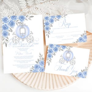 Modèle de suite d'invitations pour une douche nuptiale, calèche aquarelle, carte de remerciement, carte RSVP, conte de fées royal, toile