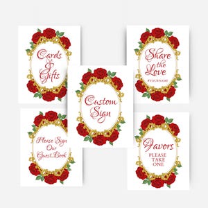 Letrero de boda de La Bella y la Bestia, plantilla editable, rosa encantada, imprimible de 8 x 10, decoración de mesa, estilo barroco, Canva