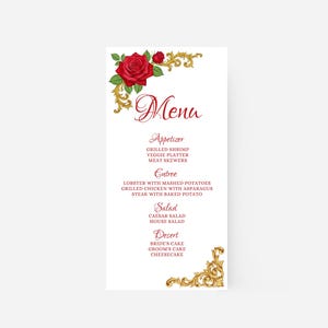 Die Schöne und das Biest Hochzeitsmenü, Verzauberte Rose, bearbeitbare Vorlage, Sofort Download, Aquarell Blumen, Canva